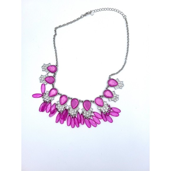 Charming Charlie Fuchsia Pink Beaded Dangle Necklace With Silver Tone Chain - Picture 2 of 7